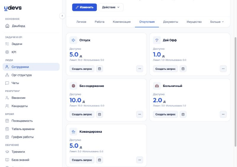 Вкладка «Отсутствия»